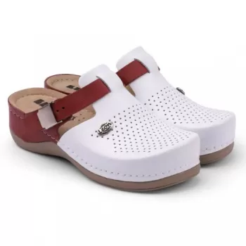 Saboti medicali, de dama, din piele, alb/bordo, Leon 901-1