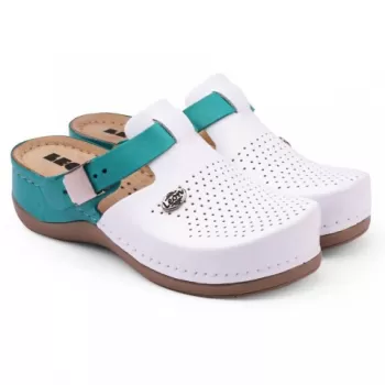 Saboti medicali, de dama, din piele, alb/turcoaz, Leon 901-1