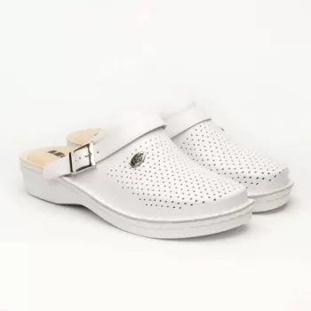 Saboti medicali, de barbati, din piele, cu bareta, Leon V202M, alb-1