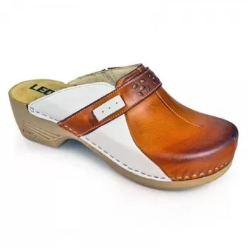 Saboti ortopedici dama, din piele, maro si alb, Leon PU154-1